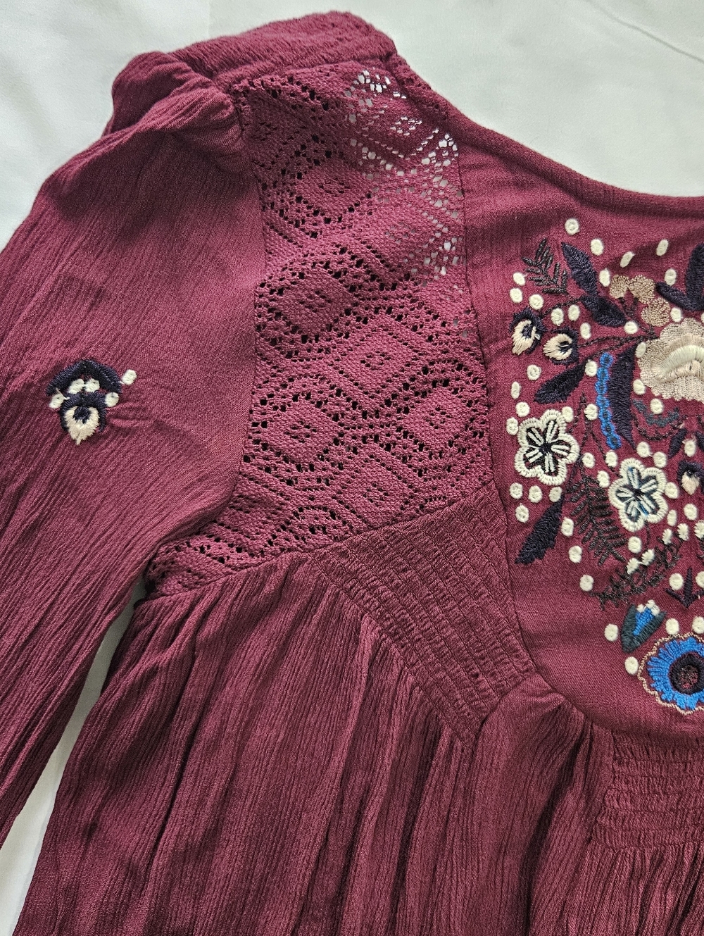 Free People Womens S Plum Burgundy Floral Embroidered V Back Babydoll Dress - Picture 3 of 12